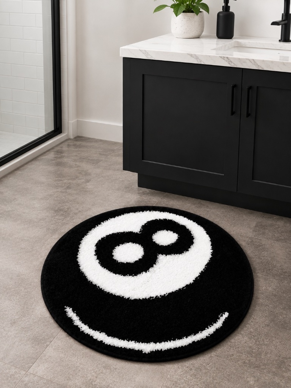Ed Hardy 8 Ball Bath Rug Black White Round Plush Bathroom Mat 26" Y2K Gothic